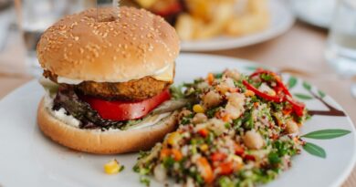 A burger served with a grain and vegetable salad on a plate
